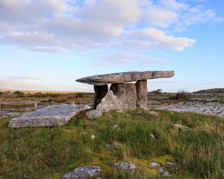 Scenic view of the ancient Poulnabrone Dolmen tomb located in the Burren, Ireland.